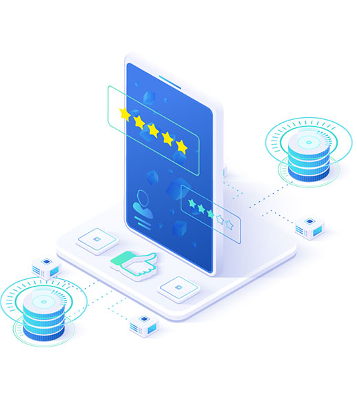 Eine 3D-Illustration, die ein Smartphone mit positiven Sternebewertungen zeigt, umgeben von Datenserver-Icons und einem "Daumen hoch"-Symbol, was digitale Reputation und Erfolgsstrategien im Datenmanagement symbolisiert.