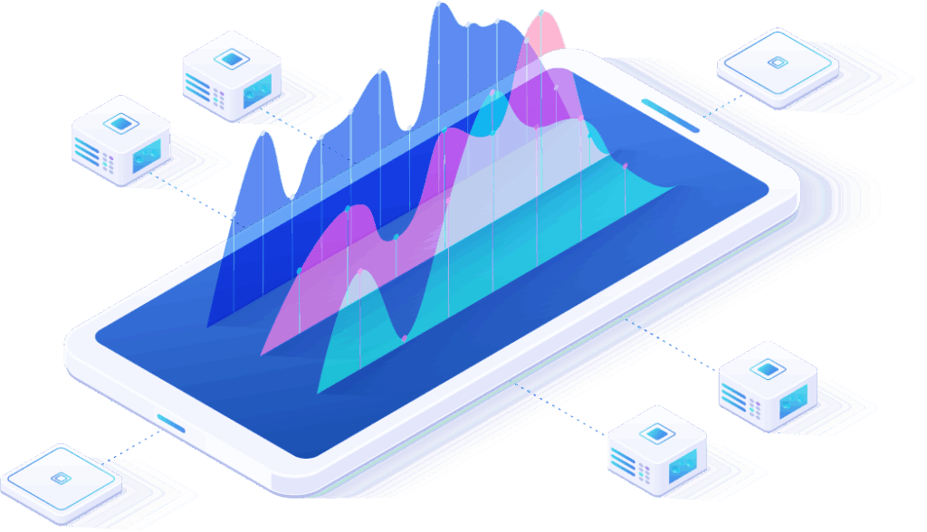 Eine 3D-Illustration eines Smartphones mit einer aufsteigenden Kurve, die Umsatz- und Wachstumsdaten visualisiert, daneben ein Balkendiagramm mit "Marketing" und "Design" Daten, die Geschäftswachstum und Datenanalyse darstellen.